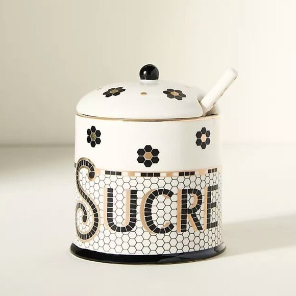 Anthropologie Bistro Tile Decaled Stoneware Sugar Bowl Pot 3 Pcs Set New - Picture 1 of 7